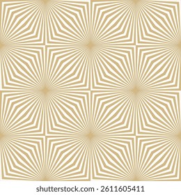 Gold and white vector geometric seamless pattern. Optical illusion effect. Abstract texture with broken lines, stripes, burst, chevron. Trendy op art background. Golden repeat design for decor, print