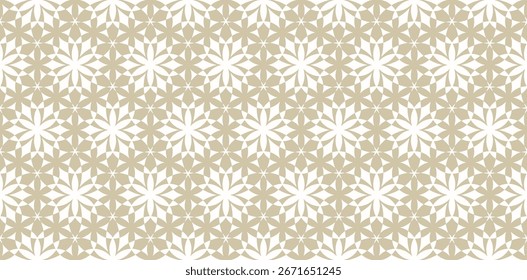 Padrão contínuo geométrico de vetor dourado e branco. Textura abstrata dourada com silhuetas de flor, mosaico. Fundo de ornamento floral de luxo. Projeto geográfico repetitivo para decoração, tecido, impressão, papéis de parede