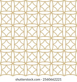 Gold and white vector seamless pattern. Simple floral grid geometric ornament. Abstract luxury background texture with curved lines, flower silhouettes, lattice, repeat tiles. Golden elegant design