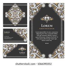 Gold and white vintage greeting and business card on black background. Vector set. Luxury ornament template.  Great for invitation, flyer, menu, brochure, postcard, background, wallpaper, decoration.