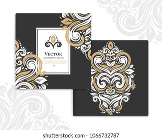 Gold and white vintage greeting card on a black background. Luxury ornament template. Mandala. Great for invitation, flyer, menu, brochure, postcard, background, wallpaper, decoration, packaging.