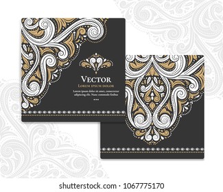 Gold and white vintage greeting card on a black background. Luxury ornament template. Mandala. Great for invitation, flyer, menu, brochure, postcard, wallpaper, decoration, packaging.