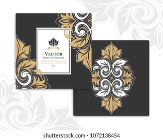 Gold and white vintage greeting card on a black background. Luxury ornament template. Mandala. Great for invitation, flyer, menu, brochure, postcard, background, wallpaper, decoration, packaging.