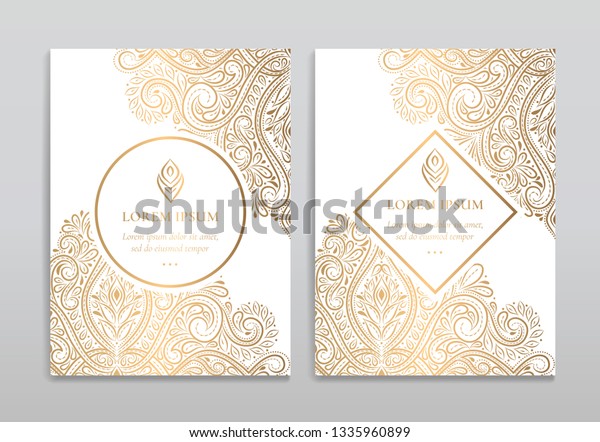 Gold and white vintage greeting card design. Luxury\
vector ornament template. Great for invitation, flyer, menu,\
brochure, postcard, background, wallpaper, decoration, packaging or\
any desired idea.