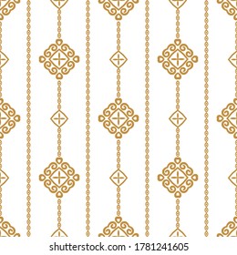 Gold and white vintage seamless pattern with ornamental stripes. Traditional oriental motifs. Ornament template. Decorative paisley elements. Great for fabric and textile.