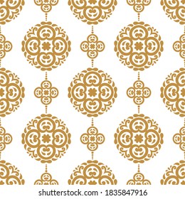 Gold and white vintage seamless pattern with ornamental stripes. Traditional oriental motifs. Ornament template. Decorative paisley elements. Great for fabric and textile.