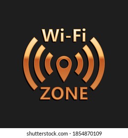 Gold Wi-Fi WLAN-Internet-Symbol einzeln auf schwarzem Hintergrund. Lange Schattenstil. Vektorgrafik.