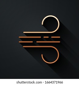 Gold Wind icon isolated on black background. Windy weather. Long shadow style. Vector Illustration