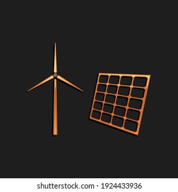 Gold Wind mill turbines generating electricity and solar panel icon isolated on black background. Energy alternative, concept of renewable energy. Long shadow style. Vector
