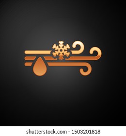 Gold Wind and rain with snow icon isolated on black background. Windy weather.  Vector Illustration