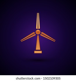 Gold Wind turbine icon isolated on dark blue background. Wind generator sign. Windmill silhouette. Windmill for electric power production.  Vector Illustration