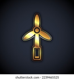 Gold Wind turbine icon isolated on black background. Wind generator sign. Windmill for electric power production.  Vector