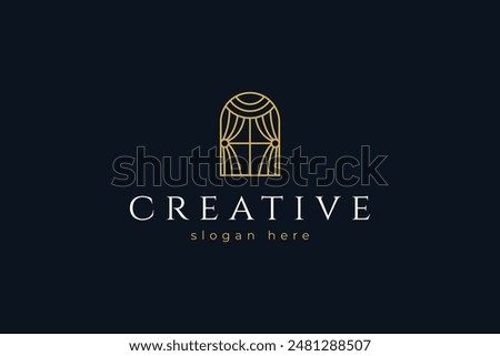 Gold window curtain logo in line art design vector style