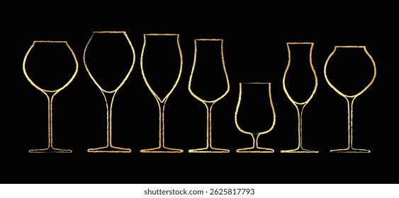 Gold wine glass art with grunge line on black backdrop