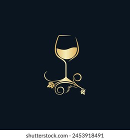 Gold Wine Glass Leaf Logo Design Template Stock Vector