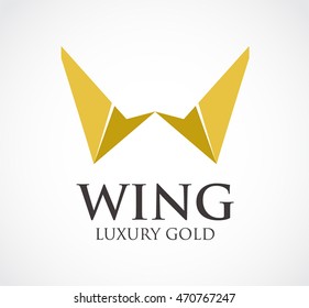 Gold wing of luxury triangle abstract vector and logo design or template flying business icon of company identity symbol concept