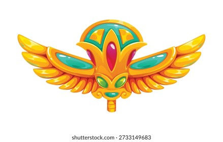 Gold winged amulet, Egypt game icon, treasure asset. Cartoon vector luxurious sacred significance in ancient Egyptian culture, golden relic. Ornament with feathers and gems. Royal magic deity charm