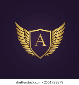 Gold Winged Shield Logo with Letter A on Dark Purple Background .