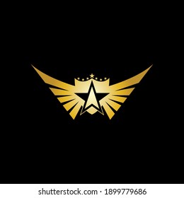 Gold Winged Shield with Star in the middle Logo Vector in Elegant Style with Black Background