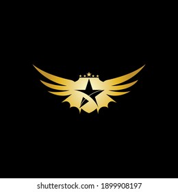 Goldener Schild mit Stern in der Mitte Logo-Vektorgrafik im eleganten Stil mit schwarzem Hintergrund