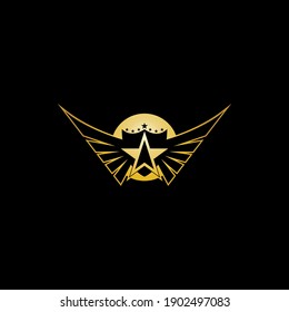 Gold Winged Shield with Star in the middle Logo Vector in Elegant Style with Black Background