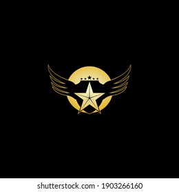 Gold Winged Shield with Star in the middle Logo Vector in Elegant Style with Black Background