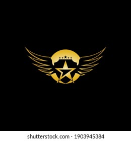 Gold Winged Shield with Star in the middle Logo Vector in Elegant Style with Black Background