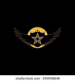 Gold Winged Shield with Star in the middle Logo Vector in Elegant Style with Black Background