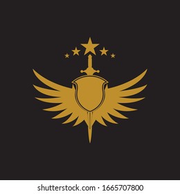 Sombra alada dorada con icono vectorial escudo.