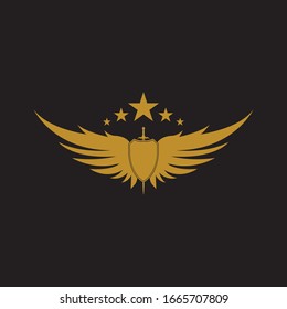 Gold winged sword with shield vector icon.