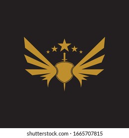 Gold winged sword with shield vector icon.