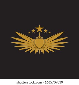 Gold winged sword with shield vector icon.