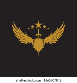 Gold winged sword with shield vector icon.
