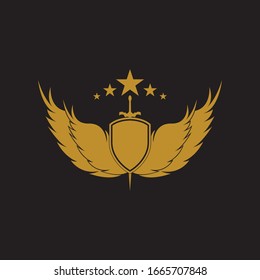Gold winged sword with shield vector icon.
