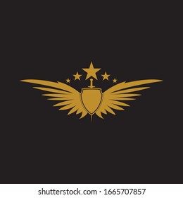 Gold winged sword with shield vector icon.