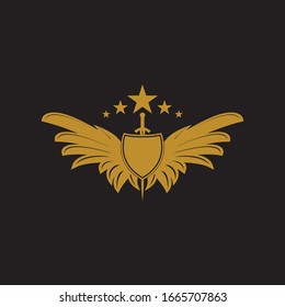 Gold winged sword with shield vector icon.