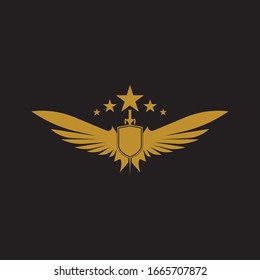 Gold winged sword with shield vector icon.