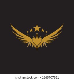 Gold winged sword with shield vector icon.