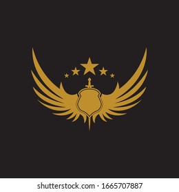 Gold winged sword with shield vector icon.