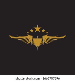 Gold winged sword with shield vector icon.