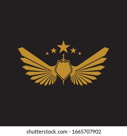 Gold winged sword with shield vector icon.
