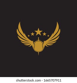 Gold winged sword with shield vector icon.