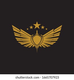 Gold winged sword with shield vector icon.