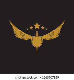 Sombra alada dorada con icono vectorial escudo.