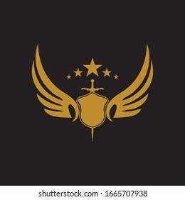 Gold winged sword with shield vector icon.