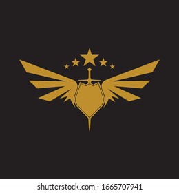 Gold winged sword with shield vector icon.