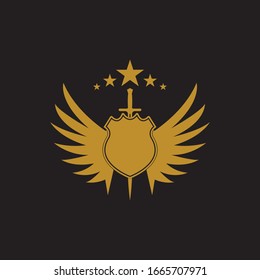 Gold winged sword with shield vector icon.