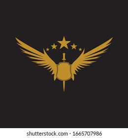 Gold winged sword with shield vector icon.