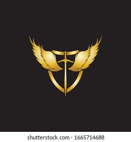 Gold winged sword with shield vector icon.
