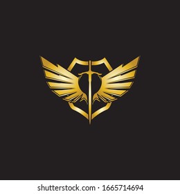 Gold winged sword with shield vector icon.